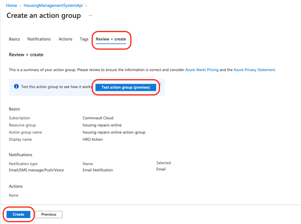 Azure create action group create