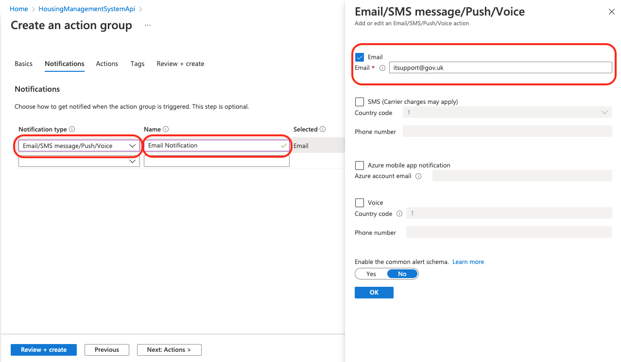 Azure create action group notification