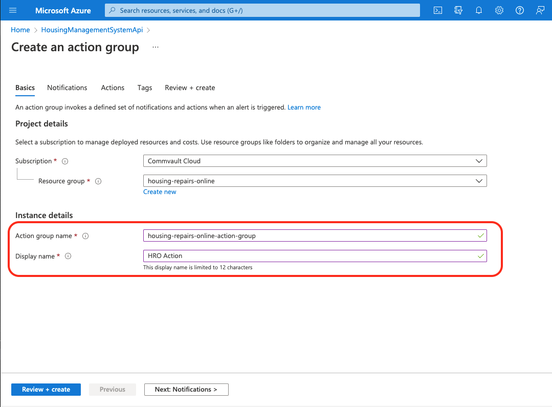 Azure create alert action group naming