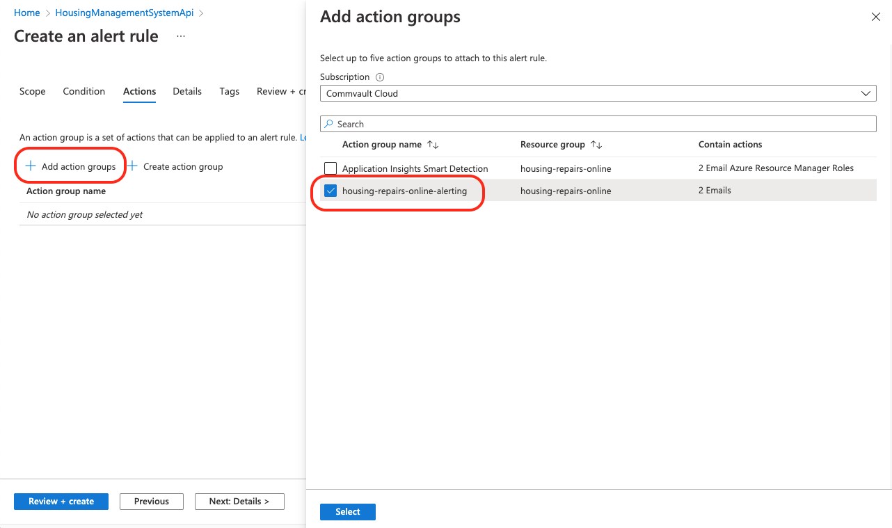 Azure create alert rule action group