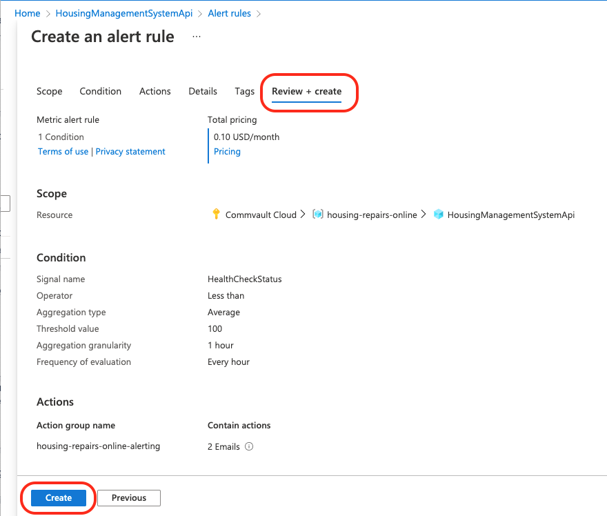 Azure create alert rule create