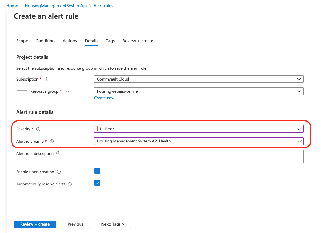 Azure create alert rule details